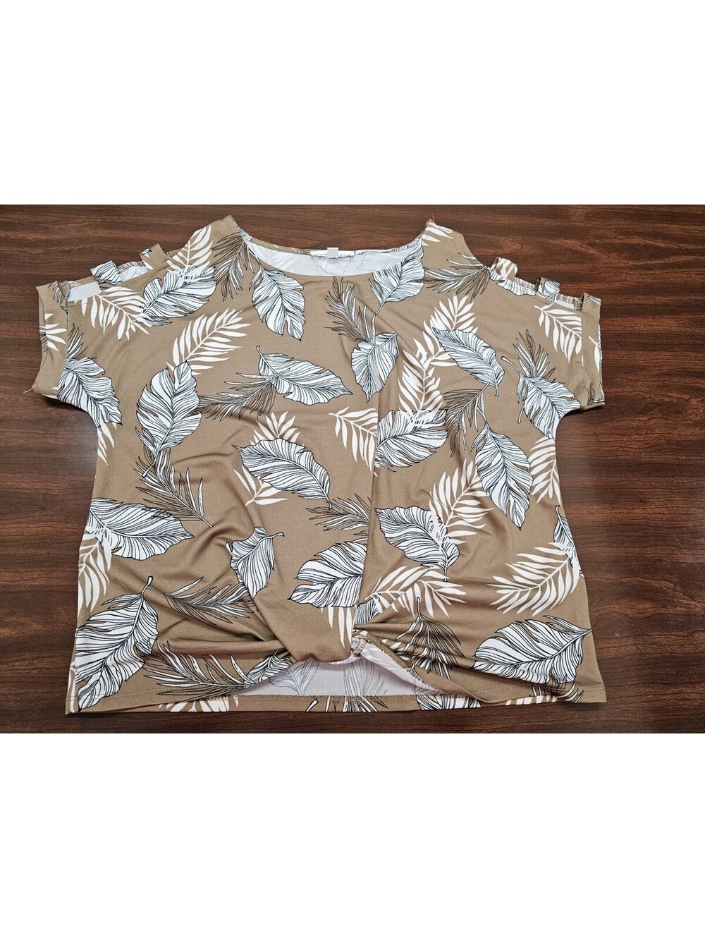 Perseption Concept Womens Brown Tan Leaf Print Blouse Small Casual Boho Chic Top